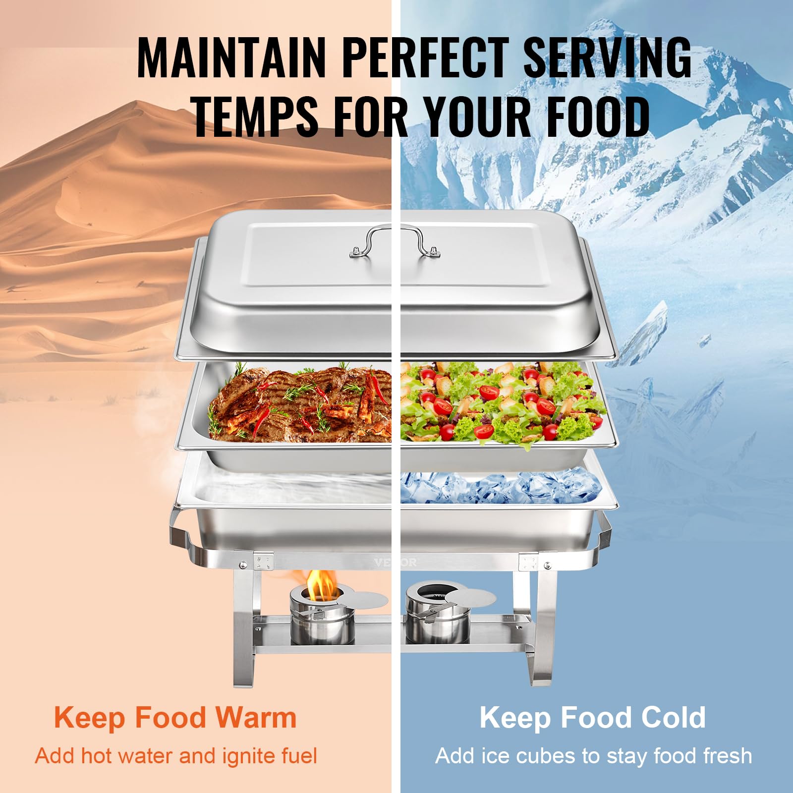 Vevor Chafing Dish Buffet Set, 8 Qt 4 Pack, Stainless Chafer W/ 4 Full Size Pans, Rectangle Catering Warmer Server W/Lid Water P